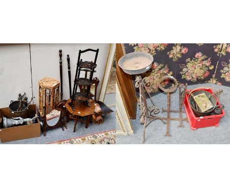 A group of items including Aesthetic period bamboo plant stand, three copper warming pans, copper coal scuttle, various spelt