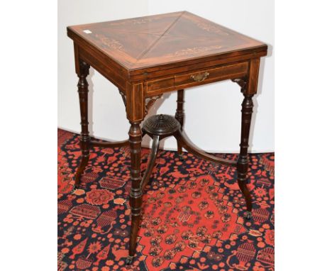 A Victorian inlaid rosewood envelope card table, 55cm by 75cmA few minor scuffs to the legs. Good condition throughout. 