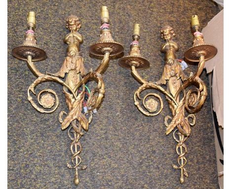 A quantity of metal wares including a pair of gilt metal twin branch wall lights, pierced door plates and other fixtures, tog