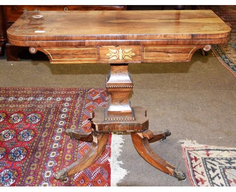A Regency brass inlaid rosewood foldover card table, 92cm by 46cm by 71cm 