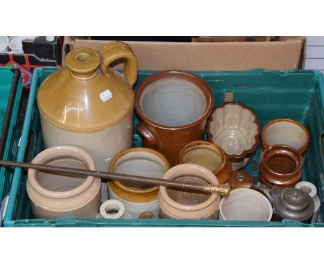 A Victorian copper oil lamp base, three various oil lamp shades, a group of stoneware jars and flagons, silver plated trays a