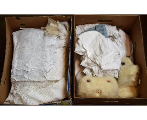 Assorted textiles including night wear, undergarments, bedcover, crochet, white rabbit fur muffs and head band etc (two boxes