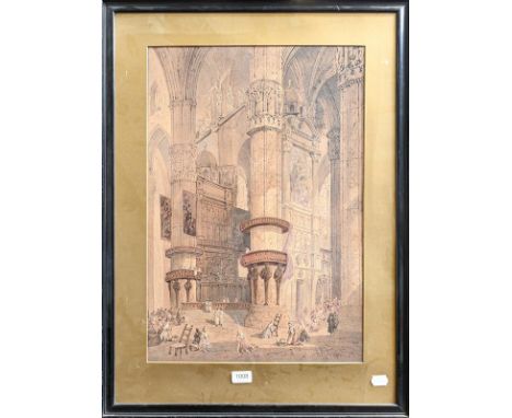 A McArthur (19th century) Architectural cathedral interior scene with figures, signed, together with a companion, watercolour