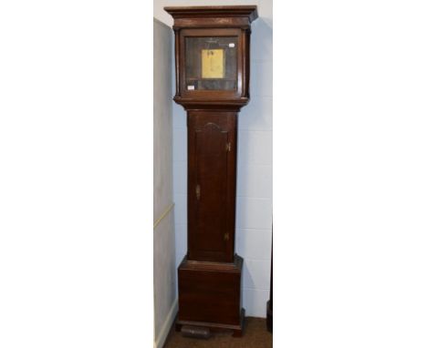 An 18th century oak longcase clock case with a longcase clock eight day movement, together with a pendulum and one weightNo c