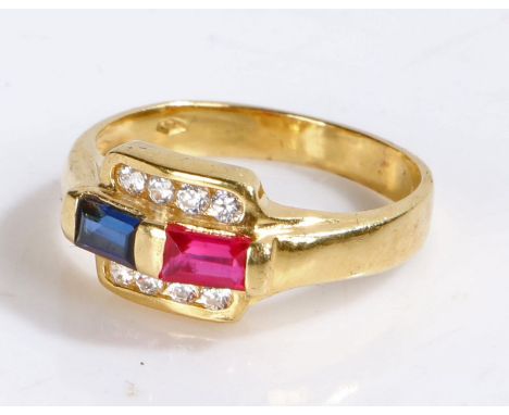 Cubic Zirconia and faux sapphire and faux ruby ring,&nbsp;the head set with an emerald cut faux sapphire and faux ruby flanke