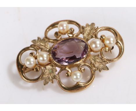 9 carat gold, pearl and amethyst brooch, the brooch is decorated with a leaf motif, housed within a Cox &amp; Son of Great Ya