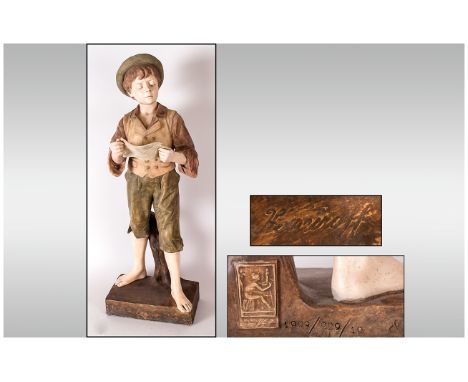 Goldscheider Painted Terracotta Figure of a boy, from a model by Haniroff, depicted standing by a tree stump, wearing a small