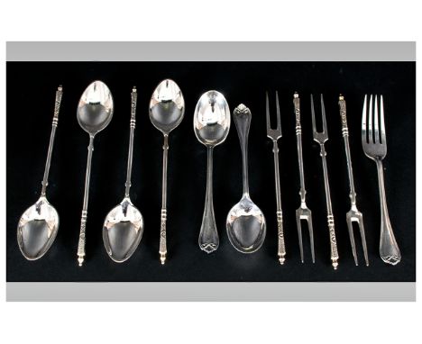 A Late 19th Century 8 Piece Silver Set of Fruit Spoons and Forks. Marked 800. + 2 Spoons and 1 Fork. Full English Hallmark. 1