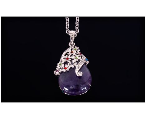 Amethyst Pear Drop Pendant, a pear cut amethyst cabochon held in a fancy floral mount, accented with white and polychrome sma