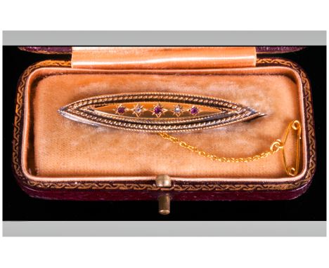 Victorian - Fine 15ct Gold Brooch Set with Diamonds and Garnets, with Safety Chain. Marked 15ct. 2 Inches Wide. Complete with
