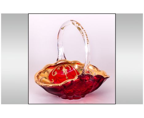 Venetian Red Glass Trinket Tray in the form of a basket, gold overlay and painted in enamel floral decoration.