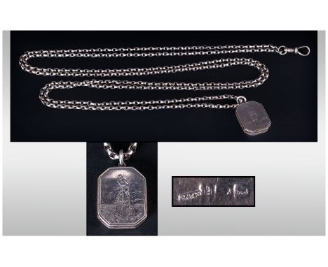 Victorian Octagonal Shaped Silver Locket, Attached to a 60 Inch Long Silver Guard Chain. 42 grams. 