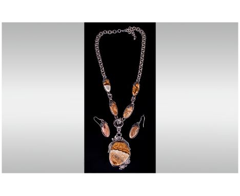 Picture Jasper Pendant Necklace and Earrings Set, a large asymmetric pendant of the naturally coffee and cream colour jasper 