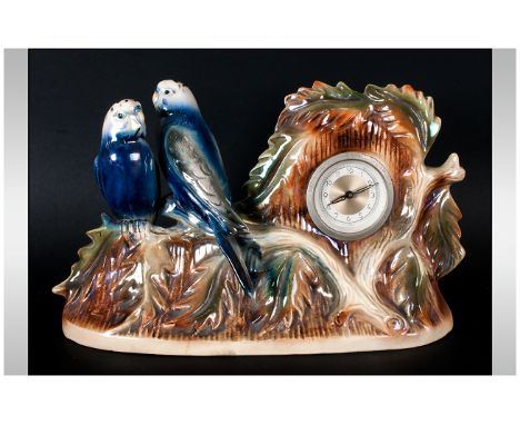 Jema Holland Ceramic Mantle Clock with  Budgerigar Decoration. 8 inches in diameter.