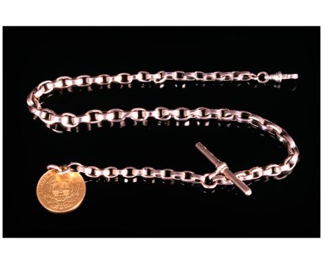 South African Kruger - 22ct Gold 1 Pond. Dated 1898, Attached to a 9ct Gold Belcher Watch Chain. 9ct Chain - 26 grams. R