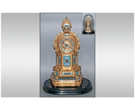 Decorative French 19th Century Boudoir Gilt Metal and Sevres Style, 8 Day Striking Mantel Clock. Complete with Stand and Glas