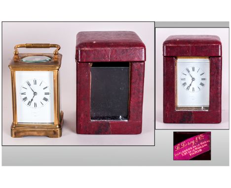 L. Leroy of Paris - Travellers Brass Carriage Clock with Original Leather Case. 8 Day Movement. c.1900. Stands 6.5 Inches, wi