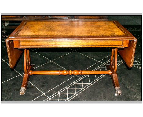 Reproduction Lyre End Mahogany Miniature Coffee Sofa Table with a tooled leather top with flap sides, terminating on reeded r