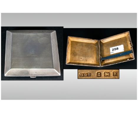 Art Deco Square Shaped Silver Cigarette Case, Engine Turned with Sloped Borders. Hallmark Birmingham 1923. 141 grams. 3.5 x 3