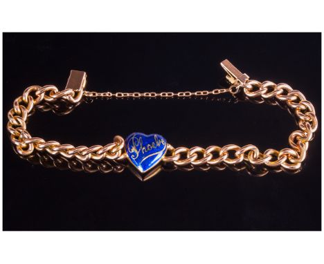 Antique Fine 15ct Gold Curb Bracelet and safety chain. With gold and enamel heart to centre. Reads 'Phoebe' can be removed. M