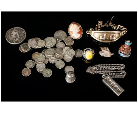 A Small Collection of Silver Jewellery and Coins, Comprises Victoria Silver Crown 1889, Silver Pre 1919 Coins, Silver Thimble