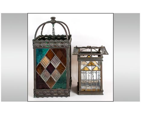Two Leaded Glass Entry Way Brass Hanging Lanterns, One with a Pressed Brass Frame with Coloured Glass Panels. Late 19th Centu