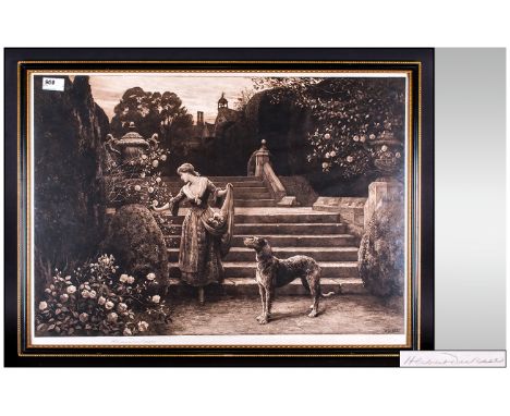 Herbert Dicksee Etching, pencil signed to the margins; titled to the back; 'The Old Garden', depicting a lady and dog in a fo