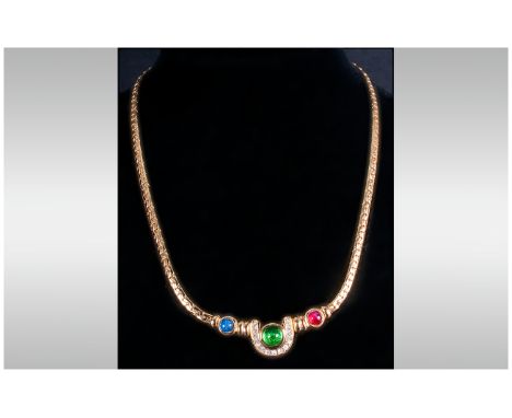 Christian Dior Vintage and Top Quality Gold Tone and Paste Necklace. c.1980. The Necklace Is Finished with the Signature Doub