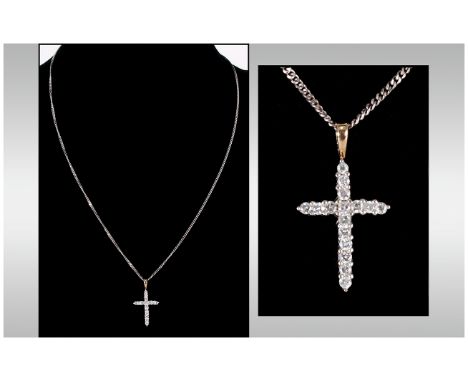 18ct White Gold Diamond Set Cross and Chain. Marked 750. Comprises 16 Diamonds. 16 Inches In Length. 
