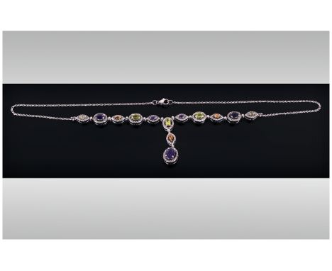 Amethyst, Peridot and Citrine Y Shape Necklace, a variety of oval and marquise cut gemstones centred by a drop comprising an 