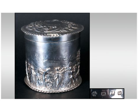 Antique - Fine Embossed Circular Lidded Tea Caddy / Jar, Decorated With Raised Mythical Classical Figures of Ancient Greece. 