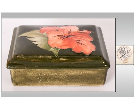 Moorcroft Rectangle Shaped Lidded Trinket Box ' Coral Hibiscus ' Pattern on Green Ground. Label to Underside Reads - Potters 
