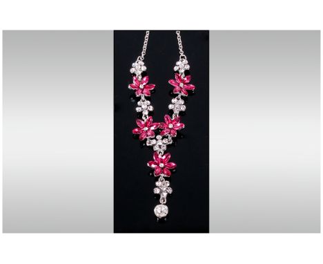 Deep Pink and White Crystal Floral Y Shaped Necklace, the pink flowers of six marquise cut crystals alternating with the whit