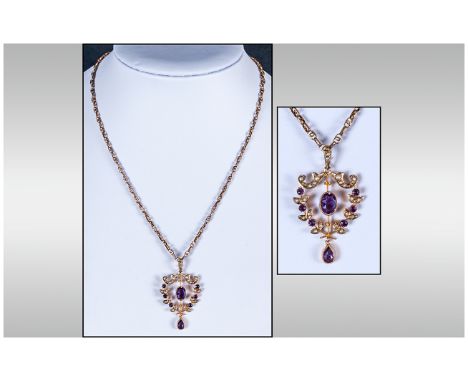 Victorian Very Fine 9ct Gold Set Amethyst & Seed Pearl Pendant Drop, fitted to a 9ct gold fancy period chain. The amethyst of
