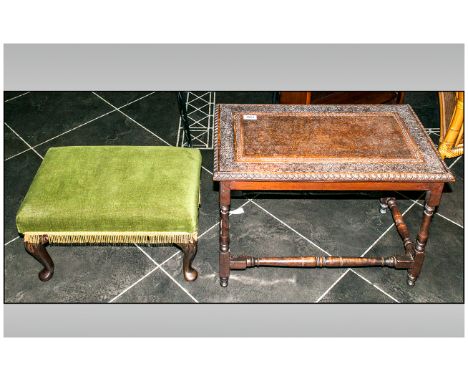 Queen Anne Style Foot Stool with adjustable seat, upholstered, with small carved teak side table, on tamed spindle legs with 