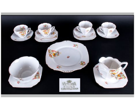 Art Deco - Impressive ( 15 ) Piece - China Tea Service. c.1930's. Comprises 4 Trios, 1 Sandwich Plate, Milk Jug and Sugar Bow