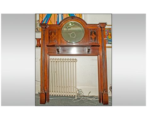 Edwardian Mahogany Inlaid Inlayed Fireplace and Surround, the top with a round mirror and shaped top, below a shelf, flanked 