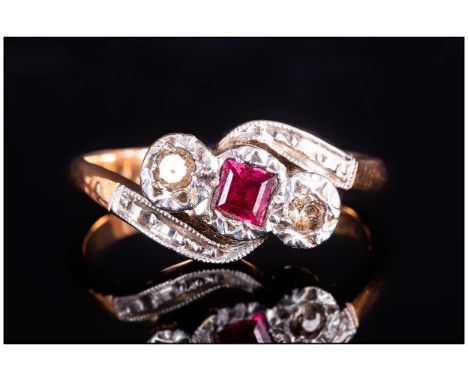 18ct Gold and Platinum 3 Stone Ruby and Diamond Ring. Marked 18ct Plat. 4 grams.