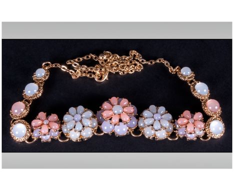 Peach, Lilac and White 'Cat's Eye' Floral Necklace, the centre front comprising double layered flowers set with the faux cat'