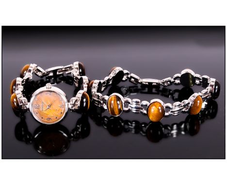 Tiger Eye Wristwatch and Bracelet Set, both the bracelet and the matching watch 'strap' comprise a fancy chain set with caboc