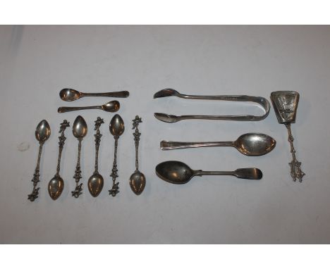 A set of six white metal spoons with cherub decoration; a white metal caddy spoon and silver plated cutlery