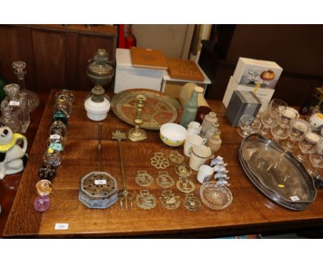 A quantity of various brassware to include chestnut roaster; toasting fork; candle stick; commemorative china; stoneware hot 