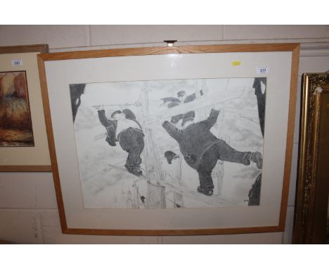 Initialled pencil sketch entitled "A to B, Was That Right?" by Derek Steel