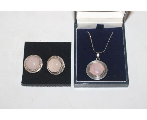 A 925 silver rose quartz set pendant hung to fine link chain and a pair of ear-rings