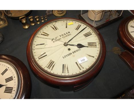 A Victorian mahogany cased station clock with fuse&eacute; movement, the dial inscribed Jno. Jas. Tosen "Railway Terminus Lon
