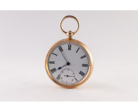 18k GOLD OPEN FACED POCKET WATCH, with keywind movement, white roman dial with subsidiary seconds dial, the case with engine 