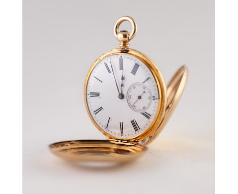 18k GOLD LADY'S DEMI HUNTER POCKET WATCH with keywind movement, white roman dial with subsidiary seconds dial, the metal inne