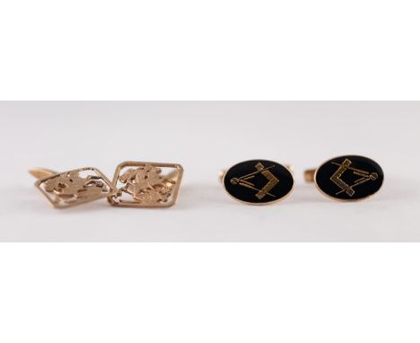 PAIR OF 9ct GOLD AND BLUE ENAMEL MASONIC CUFFLINKS, with swivel backs and a PAIR OF 9ct GOLD GEORGE AND THE DRAGON CUFFLINKS,