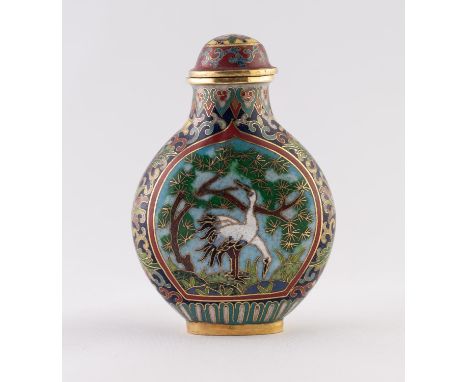 A 20TH CENTURY CHINESE GILT METAL AND CLOISONNE ENAMEL SNUFF BOTTLE, with opposing panels of deer and cranes divided with lot