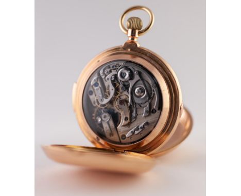 18k GOLD FULL HUNTER POCKET WATCH with quarter repeater keyless movement, the white roman dial having subsidiary seconds dial